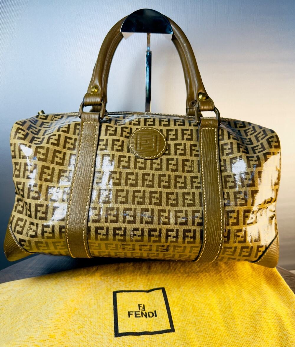 Vintage Fendi Zucca Monogram Coated Canvas Boston Bag Brown Satchel Duffel
